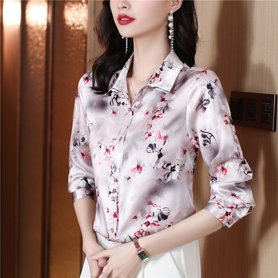 Eleganti ar ziediem apdrukāti satīna krekli un blūzes sievietēm Jauns 2024. gada mode korejiešu stilā Sieviešu apģērbi Blusa Topi Camisas E Blusas