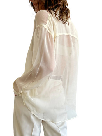 Дамска блуза с яка с ревер, широка дамска риза с копчета и дълъг ръкав