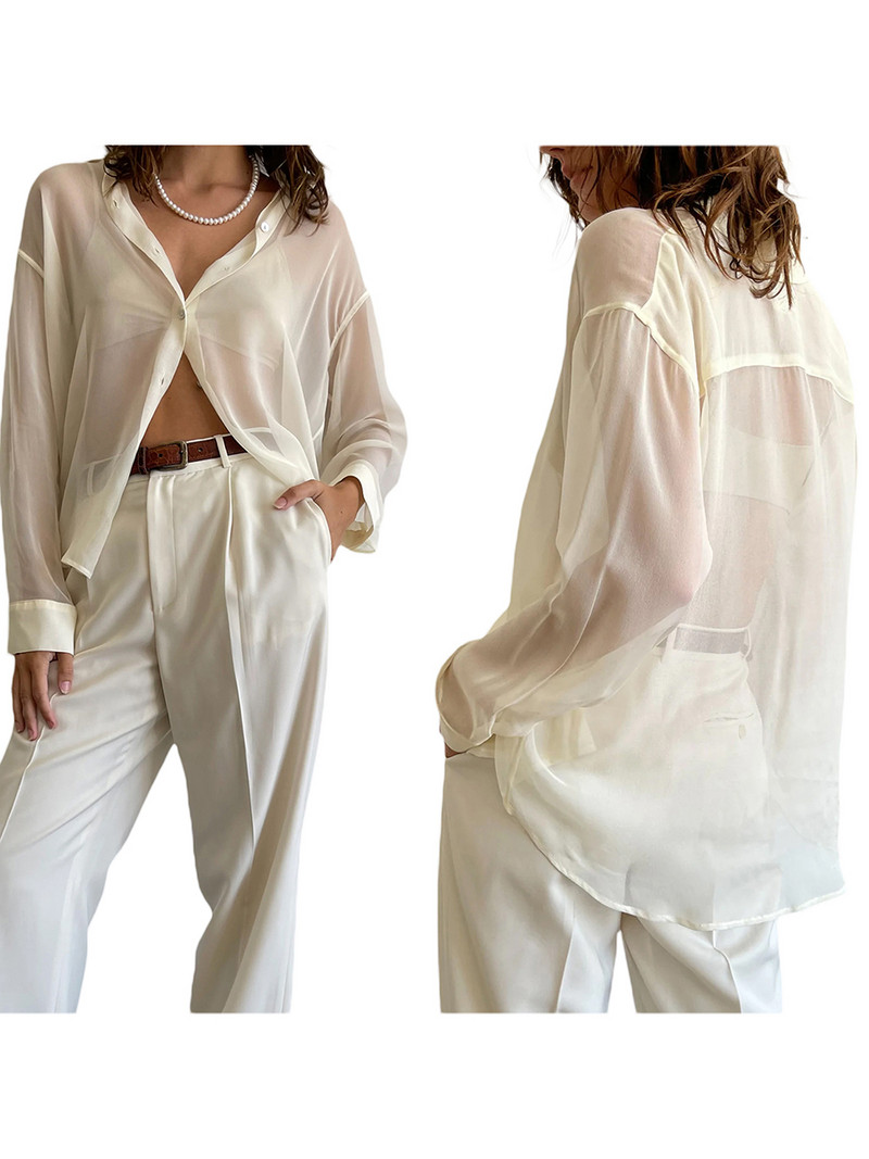 Naiste akuutne pluus reväärkrae pikkade varrukatega nööbiga läbipaistev avar särk naistele