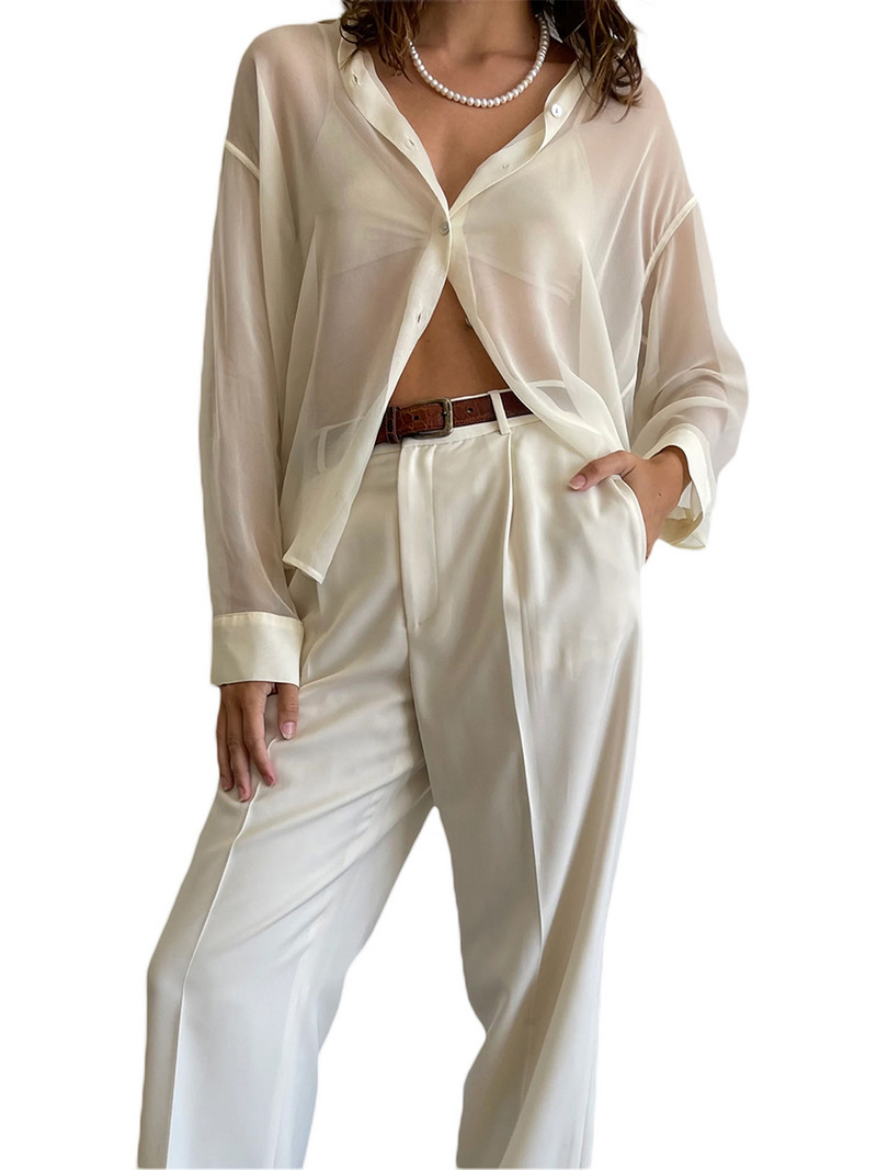 Naiste akuutne pluus reväärkrae pikkade varrukatega nööbiga läbipaistev avar särk naistele