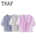 Sieviešu krekls ar volānu malu rotājumu TRAF Sieviešu krekls, tauriņš, mežģīnes ar īsām piedurknēm ar V veida kakla izgriezumu sieviešu krekls, 2024. gada pavasara vasaras ikdienas topi