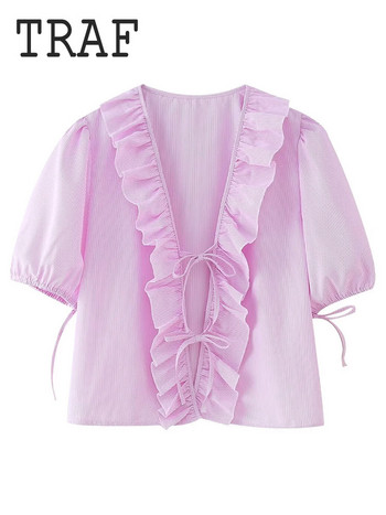 Γυναικείο πουκάμισο παπιγιόν με κορδόνι TRAF Ruffle Edge Διακόσμηση Γυναικείο πουκάμισο με λαιμόκοψη κοντό μανίκι 2024 Άνοιξη καλοκαίρι casual μπλουζάκια