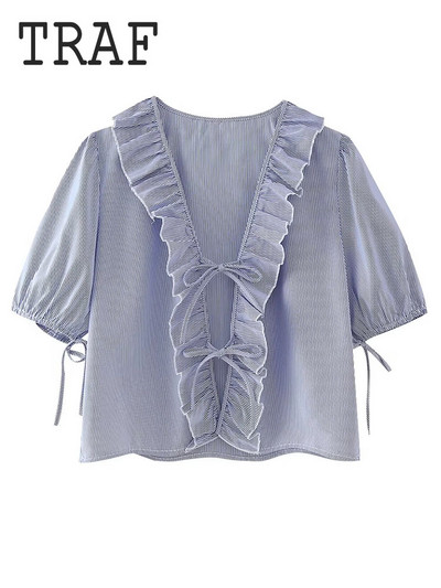 Sieviešu krekls ar volānu malu rotājumu TRAF Sieviešu krekls, tauriņš, mežģīnes ar īsām piedurknēm ar V veida kakla izgriezumu sieviešu krekls, 2024. gada pavasara vasaras ikdienas topi