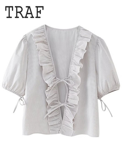 Sieviešu krekls ar volānu malu rotājumu TRAF Sieviešu krekls, tauriņš, mežģīnes ar īsām piedurknēm ar V veida kakla izgriezumu sieviešu krekls, 2024. gada pavasara vasaras ikdienas topi