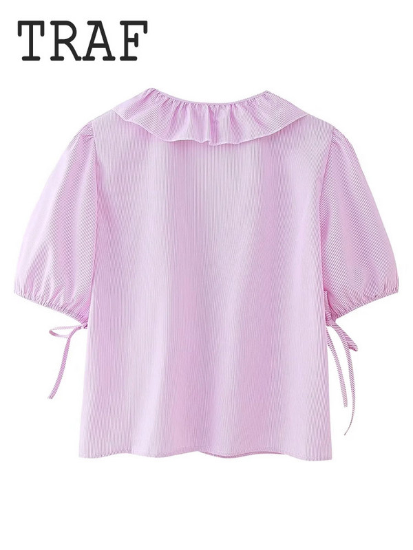 Sieviešu krekls ar volānu malu rotājumu TRAF Sieviešu krekls, tauriņš, mežģīnes ar īsām piedurknēm ar V veida kakla izgriezumu sieviešu krekls, 2024. gada pavasara vasaras ikdienas topi
