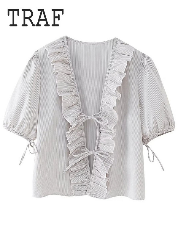 Sieviešu krekls ar volānu malu rotājumu TRAF Sieviešu krekls, tauriņš, mežģīnes ar īsām piedurknēm ar V veida kakla izgriezumu sieviešu krekls, 2024. gada pavasara vasaras ikdienas topi
