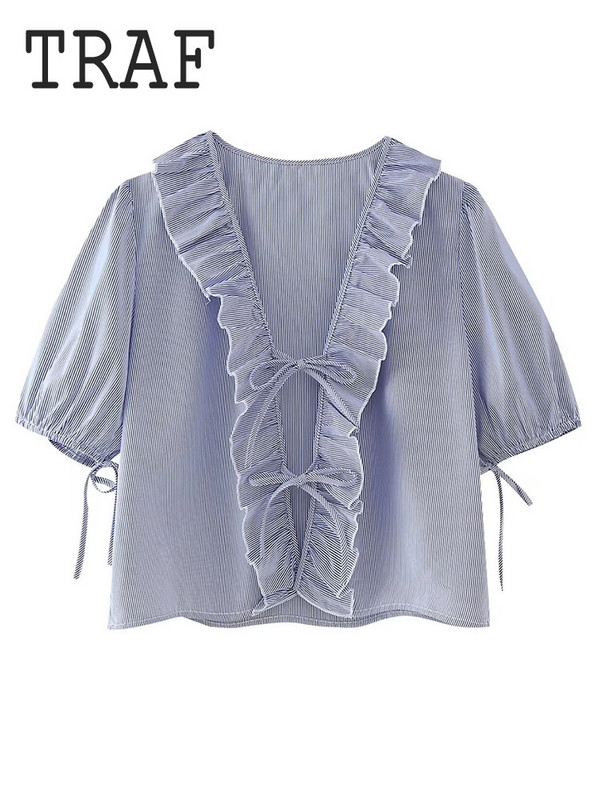 Sieviešu krekls ar volānu malu rotājumu TRAF Sieviešu krekls, tauriņš, mežģīnes ar īsām piedurknēm ar V veida kakla izgriezumu sieviešu krekls, 2024. gada pavasara vasaras ikdienas topi