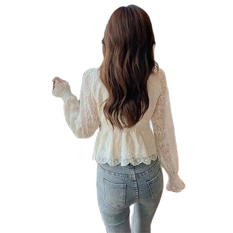 Szirmos ujjú blúz Design Csipke blúzok Ingek Lady Blusas Felsők Francia Retro Csipke ing V-nyakú Karcsú Temperamentum Tündér