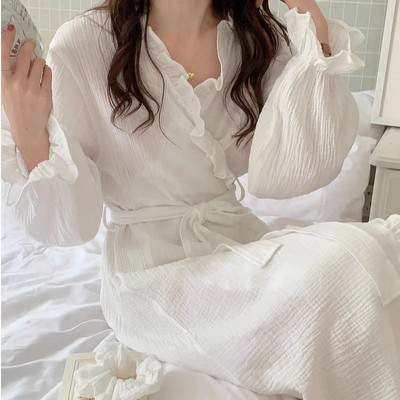 Hosszú ujjú hálóingek Női Elegáns Egyszerű Fodrok Tömör fehér Őszi Új V-nyakú Midi Otthoni Ruha Mujer Puha Hangulatos Lélegző