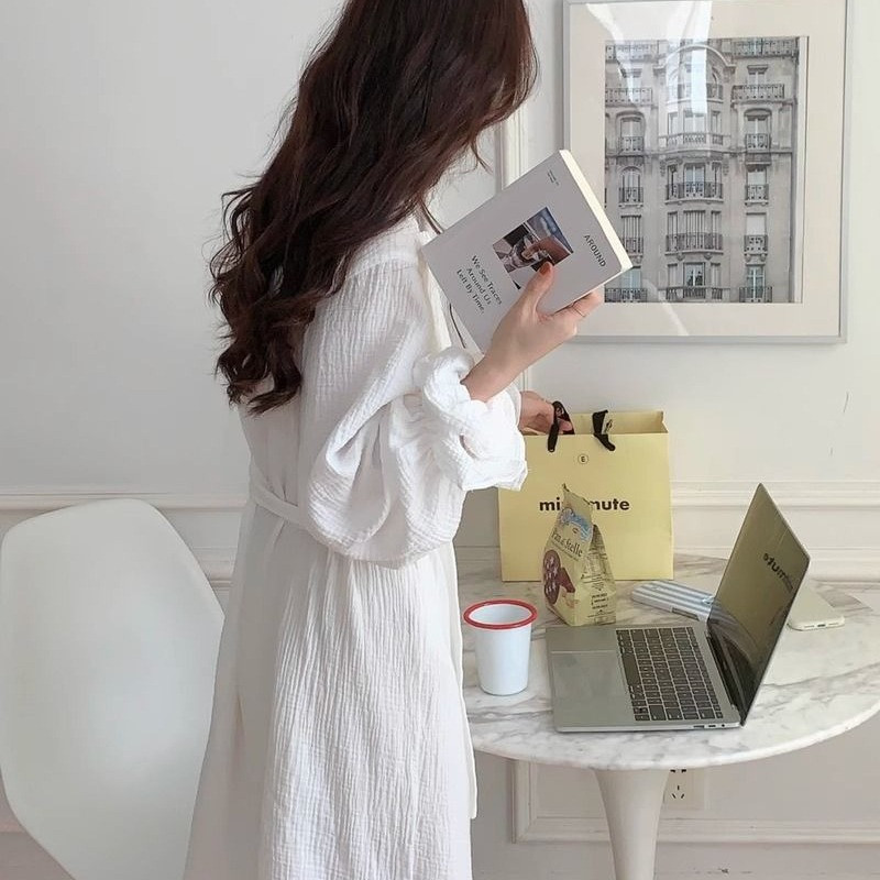 Hosszú ujjú hálóingek Női Elegáns Egyszerű Fodrok Tömör fehér Őszi Új V-nyakú Midi Otthoni Ruha Mujer Puha Hangulatos Lélegző