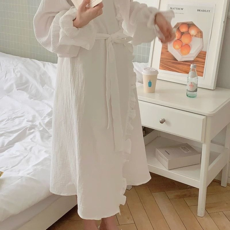 Hosszú ujjú hálóingek Női Elegáns Egyszerű Fodrok Tömör fehér Őszi Új V-nyakú Midi Otthoni Ruha Mujer Puha Hangulatos Lélegző
