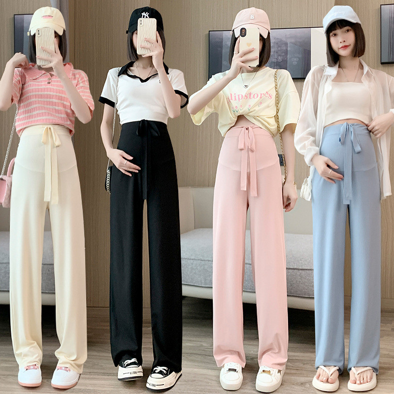 Trudničke hlače na trbuh visokog struka Ljetne tanke pamučne hlače za trudnice Široke nogavice široke trudničke hlače na trbuh pune dužine