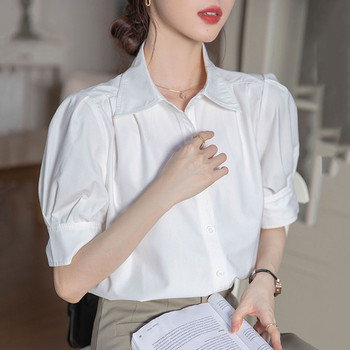 Бяла дамска риза с къс ръкав в корейски стил на 2024 г., модни едноцветни свободни офис горнища