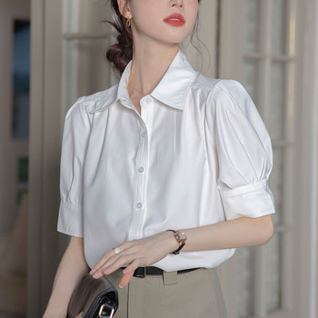 Бяла дамска риза с къс ръкав в корейски стил на 2024 г., модни едноцветни свободни офис горнища
