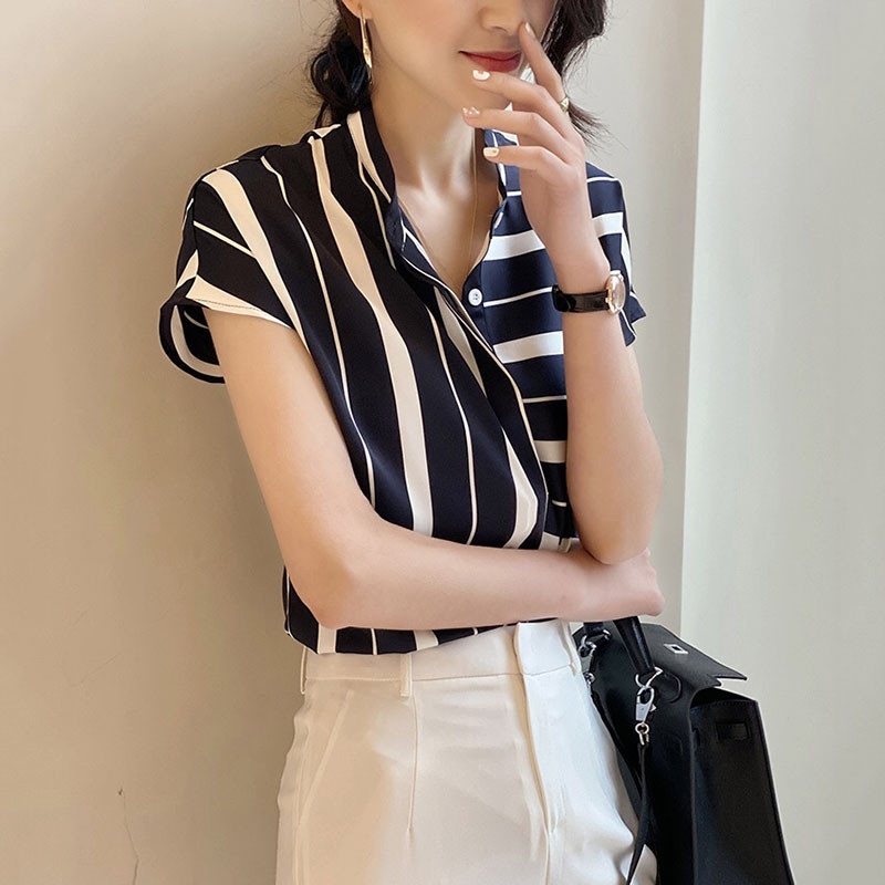 Sieviešu svītrains šifona krekls ar īsām piedurknēm, 2024. gada jauns korejiešu stila ikdienas tops ar apkakli pavasarim un vasarai