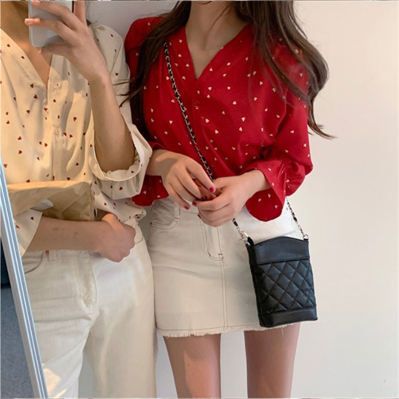 2024 tavaszi ősz női szerelmes nyomott sifon ingek egysoros felsők Vintage utcai viselet női hosszú ujjú V-nyakú blúz