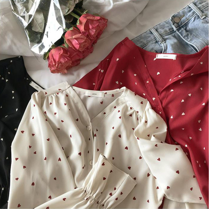 2024 tavaszi ősz női szerelmes nyomott sifon ingek egysoros felsők Vintage utcai viselet női hosszú ujjú V-nyakú blúz