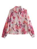 Sieviešu krekli Pavasara un rudens atloks ar garām piedurknēm apdrukāts krekls ar vienrindu caurspīdīgu ziedu rakstu