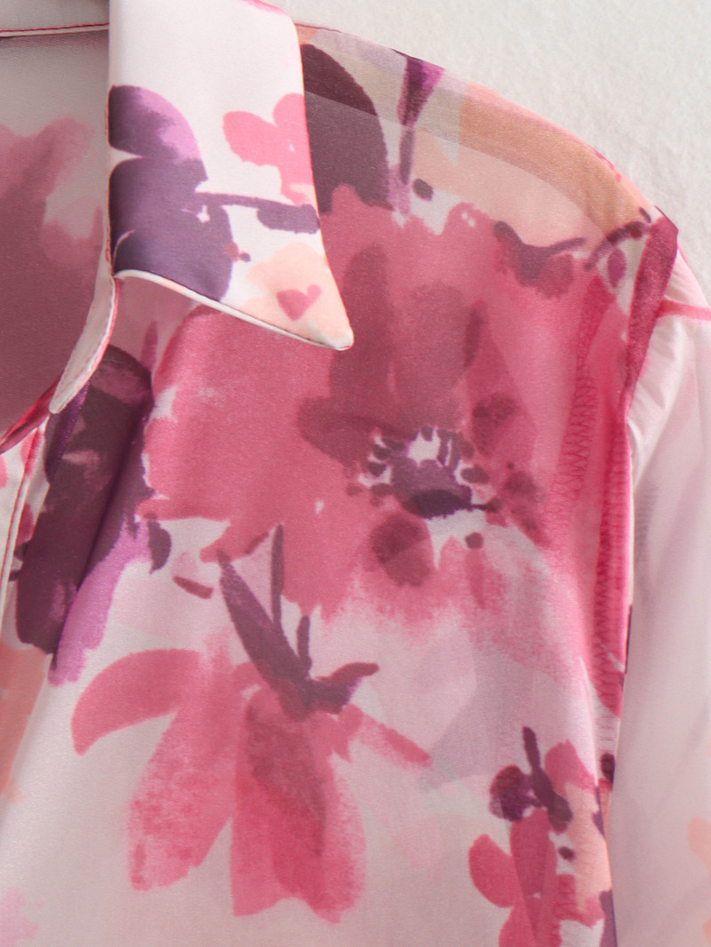 Sieviešu krekli Pavasara un rudens atloks ar garām piedurknēm apdrukāts krekls ar vienrindu caurspīdīgu ziedu rakstu