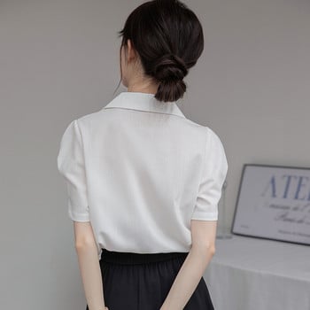Бяла ретро риза с къс ръкав Дамска лятна 2024 Нова семпла мода Едноредни блузи с V-образно деколте Ежедневни сладки топове Femme