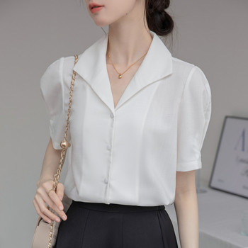 Бяла ретро риза с къс ръкав Дамска лятна 2024 Нова семпла мода Едноредни блузи с V-образно деколте Ежедневни сладки топове Femme