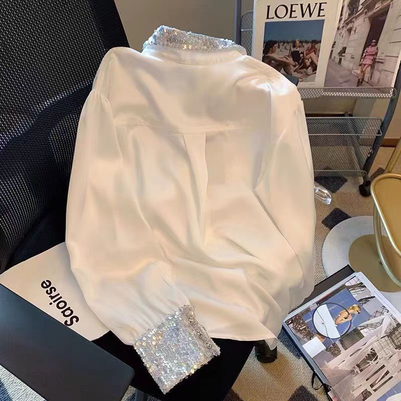 Flitteres fehér hajtókás női ing 2024 új tavaszi őszi hosszú ujjú temperamentum divat nyári női kis ing H22