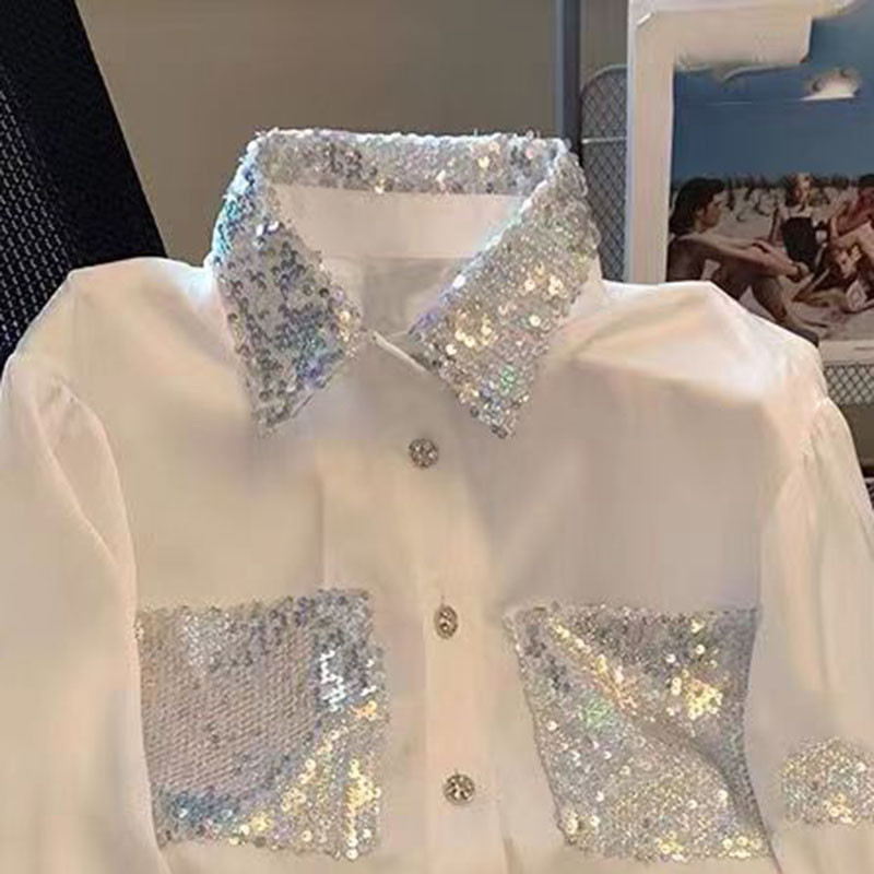 Flitteres fehér hajtókás női ing 2024 új tavaszi őszi hosszú ujjú temperamentum divat nyári női kis ing H22