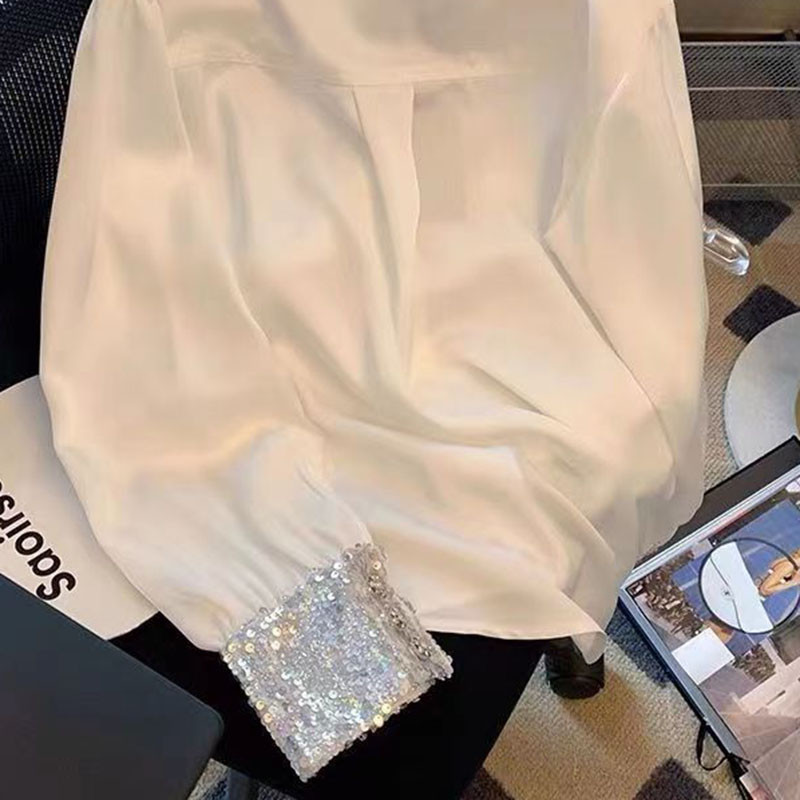 Flitteres fehér hajtókás női ing 2024 új tavaszi őszi hosszú ujjú temperamentum divat nyári női kis ing H22