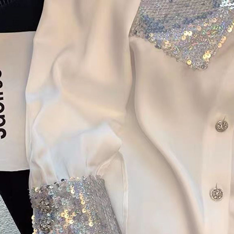 Flitteres fehér hajtókás női ing 2024 új tavaszi őszi hosszú ujjú temperamentum divat nyári női kis ing H22