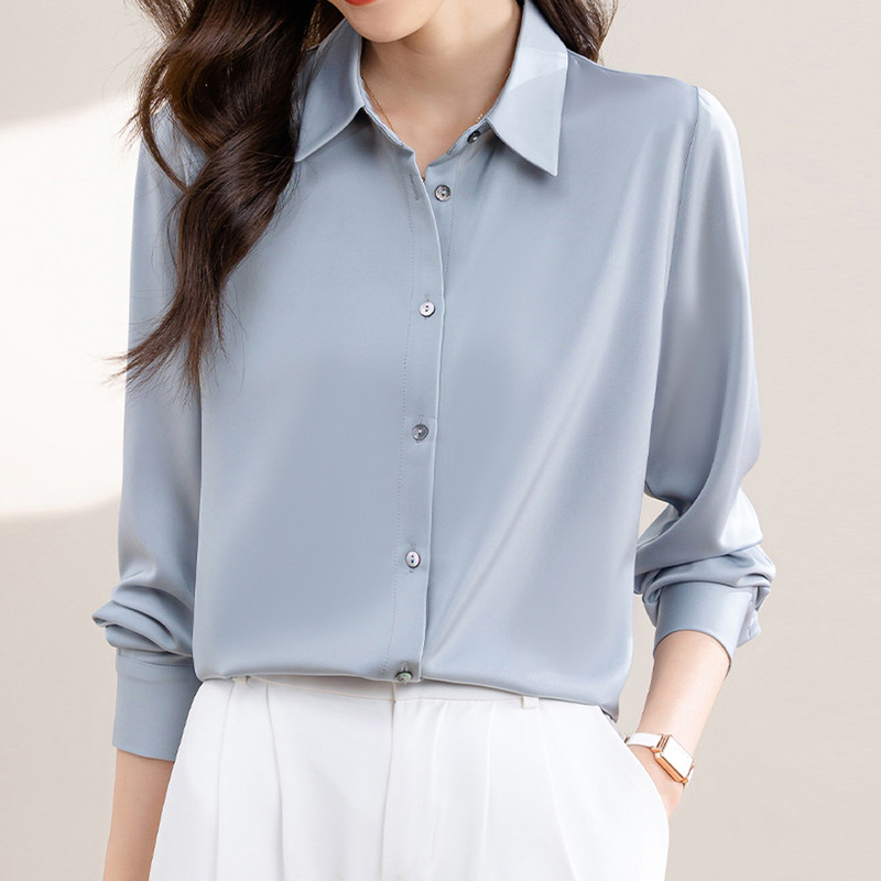 Naiste lihtsas stiilis soliidsed satiinsärgid, pikkade varrukatega vintage kontoritöö, valge pluusiga topid Naiste pidulikud riided Blusas Mujer