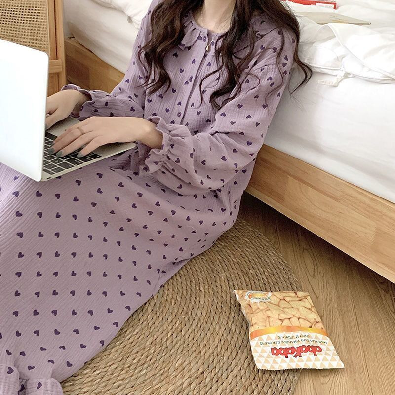 Kevadised uued naiste pidžaamad, südamega trükitud krepppuuvillane kahekihiline marli volang, pikkade varrukatega kodukleit Naiste magusad puhkeriided