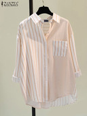 2024 ZANZEA divatos, hosszú ujjú, csíkos, nyomott ing női nyári blúz Elegáns munkafelsők Alkalmi tunika hajtóka nyakú Blusas Femme