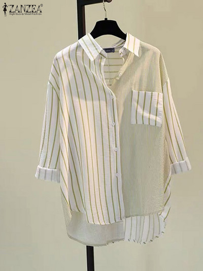 2024 ZANZEA divatos, hosszú ujjú, csíkos, nyomott ing női nyári blúz Elegáns munkafelsők Alkalmi tunika hajtóka nyakú Blusas Femme
