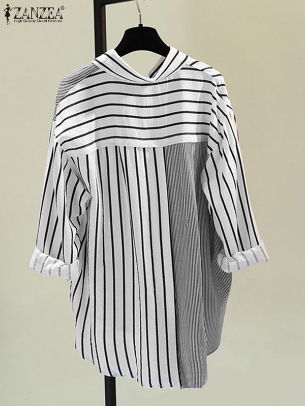 2024 ZANZEA divatos, hosszú ujjú, csíkos, nyomott ing női nyári blúz Elegáns munkafelsők Alkalmi tunika hajtóka nyakú Blusas Femme