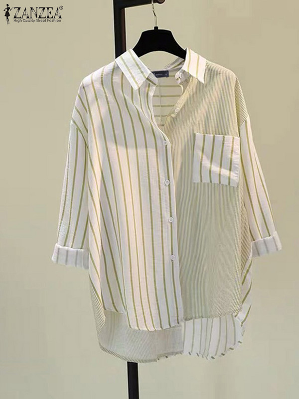 2024 ZANZEA divatos, hosszú ujjú, csíkos, nyomott ing női nyári blúz Elegáns munkafelsők Alkalmi tunika hajtóka nyakú Blusas Femme