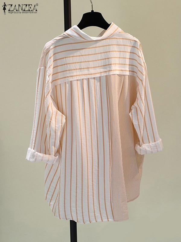 2024 ZANZEA divatos, hosszú ujjú, csíkos, nyomott ing női nyári blúz Elegáns munkafelsők Alkalmi tunika hajtóka nyakú Blusas Femme