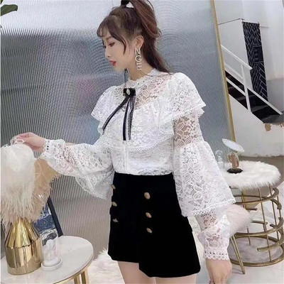 Õõnestatud pitsist volangpluus naistele, vintage särk, elegantsed topid, pikkade varrukatega latern, seksikas sügis 2024