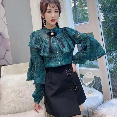 Õõnestatud pitsist volangpluus naistele, vintage särk, elegantsed topid, pikkade varrukatega latern, seksikas sügis 2024