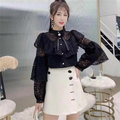 Õõnestatud pitsist volangpluus naistele, vintage särk, elegantsed topid, pikkade varrukatega latern, seksikas sügis 2024