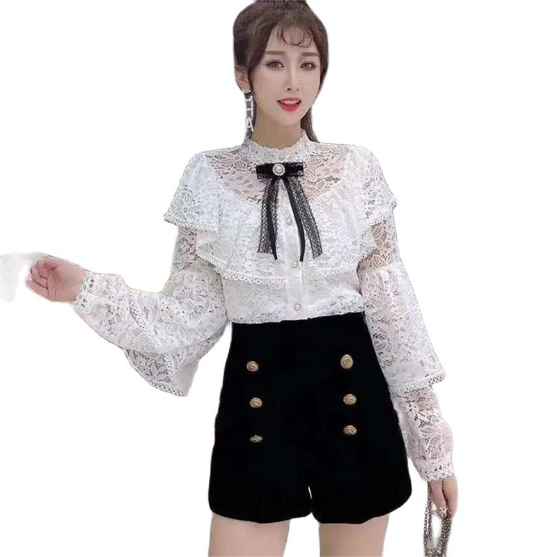 Õõnestatud pitsist volangpluus naistele, vintage särk, elegantsed topid, pikkade varrukatega latern, seksikas sügis 2024