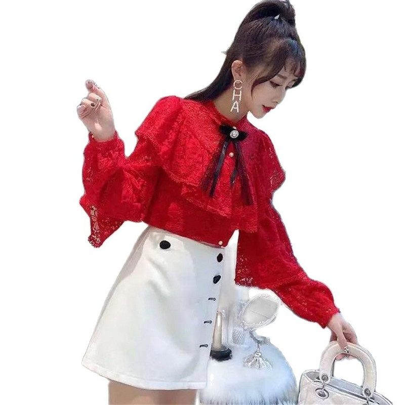 Õõnestatud pitsist volangpluus naistele, vintage särk, elegantsed topid, pikkade varrukatega latern, seksikas sügis 2024