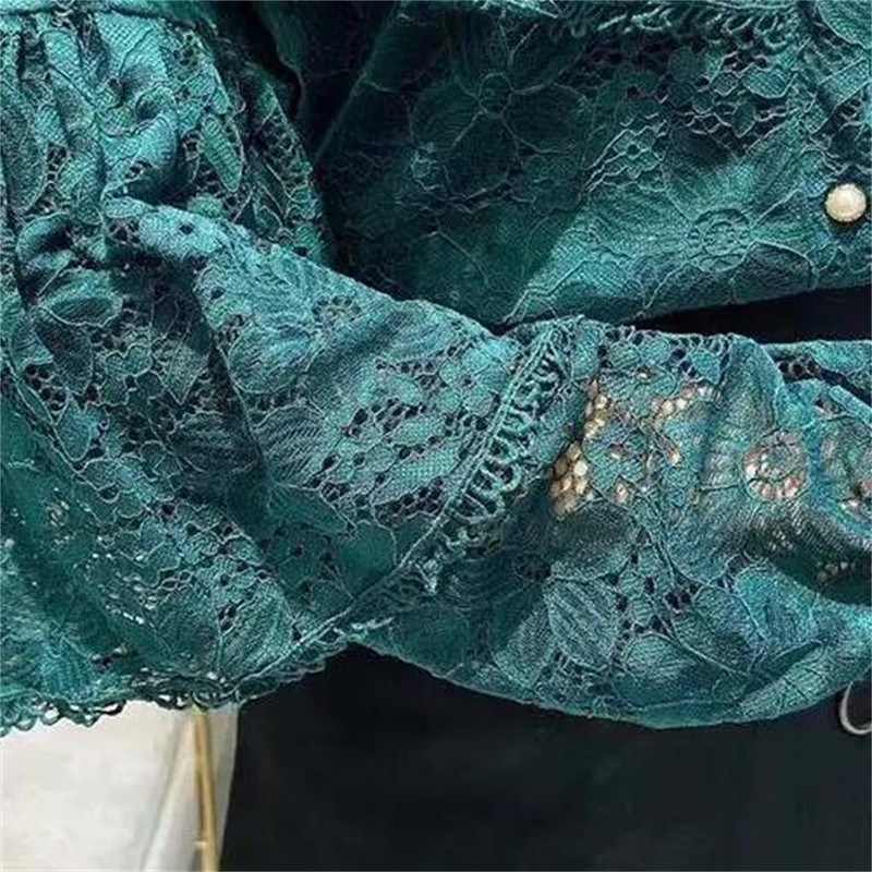 Õõnestatud pitsist volangpluus naistele, vintage särk, elegantsed topid, pikkade varrukatega latern, seksikas sügis 2024