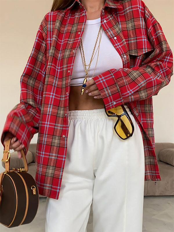 Sieviešu blūzes Sarkans rūtains krekls Street ikdienas Topi