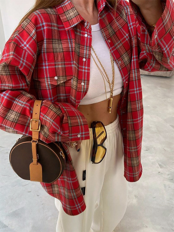 Sieviešu blūzes Sarkans rūtains krekls Street ikdienas Topi