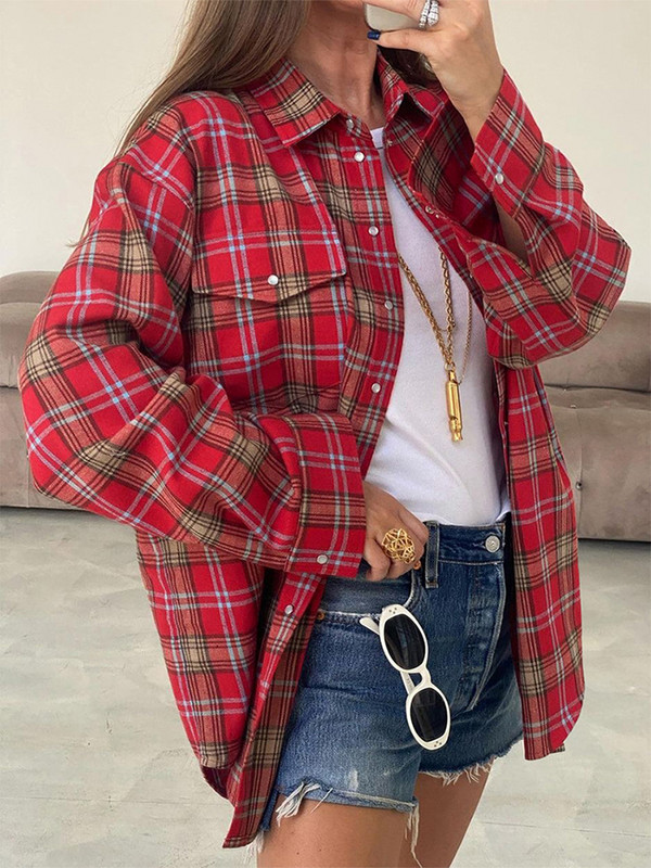 Sieviešu blūzes Sarkans rūtains krekls Street ikdienas Topi