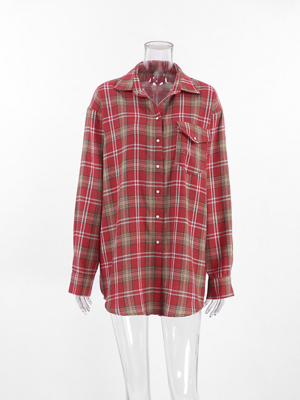 Sieviešu blūzes Sarkans rūtains krekls Street ikdienas Topi