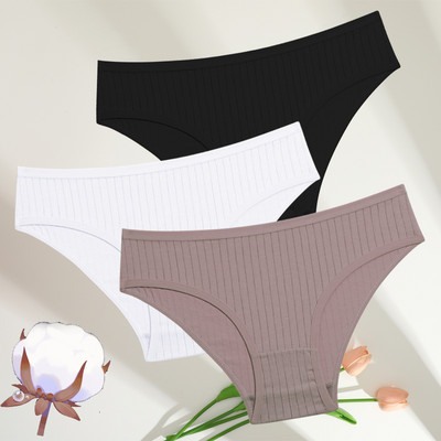 FINETOO 3GAB./SET Sieviešu kokvilnas rievotas, svītrainas apakšveļas sieviešu apakšbiksītes, seksīgas liela izmēra, īpaši elastīgas biksītes, mīksta apakšveļa S-7XL