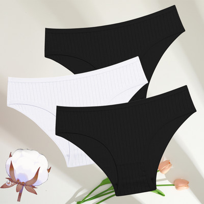 FINETOO 3GAB./SET Sieviešu kokvilnas rievotas, svītrainas apakšveļas sieviešu apakšbiksītes, seksīgas liela izmēra, īpaši elastīgas biksītes, mīksta apakšveļa S-7XL