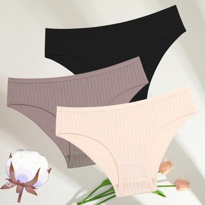 FINETOO 3GAB./SET Sieviešu kokvilnas rievotas, svītrainas apakšveļas sieviešu apakšbiksītes, seksīgas liela izmēra, īpaši elastīgas biksītes, mīksta apakšveļa S-7XL