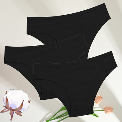 FINETOO 3GAB./SET Sieviešu kokvilnas rievotas, svītrainas apakšveļas sieviešu apakšbiksītes, seksīgas liela izmēra, īpaši elastīgas biksītes, mīksta apakšveļa S-7XL